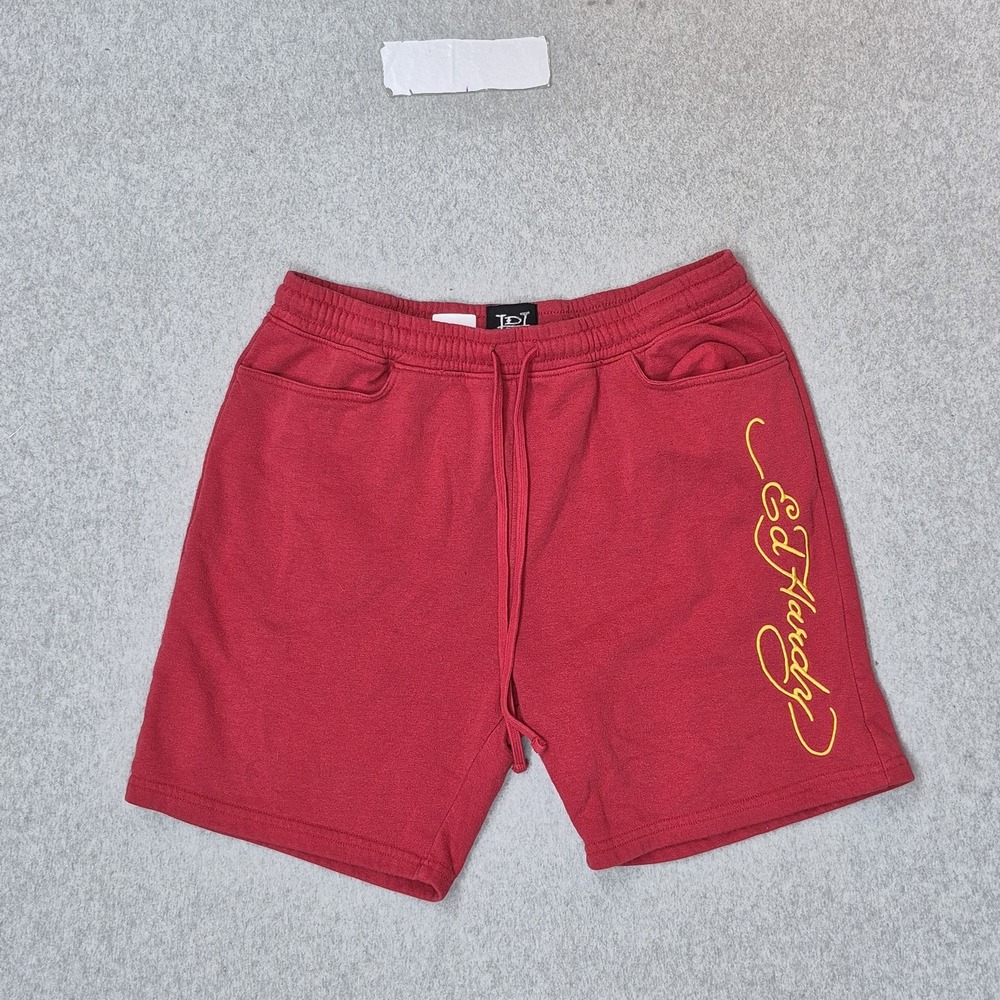 Ed Hardy Men Shorts L Red Embroidered Activewear Sweat Fleece Logo Spellout